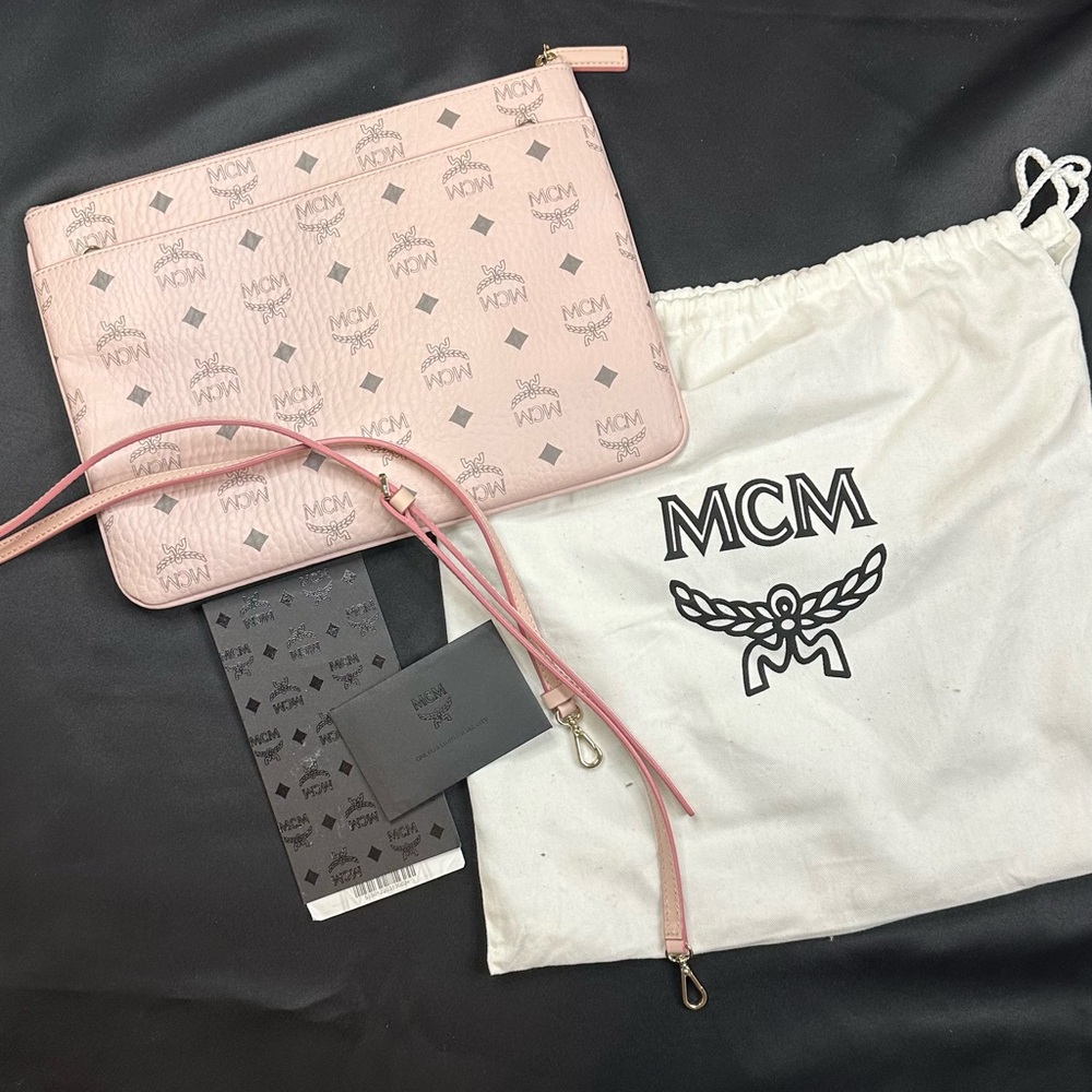 MCM Pink and Black Logo Clutch with Strap